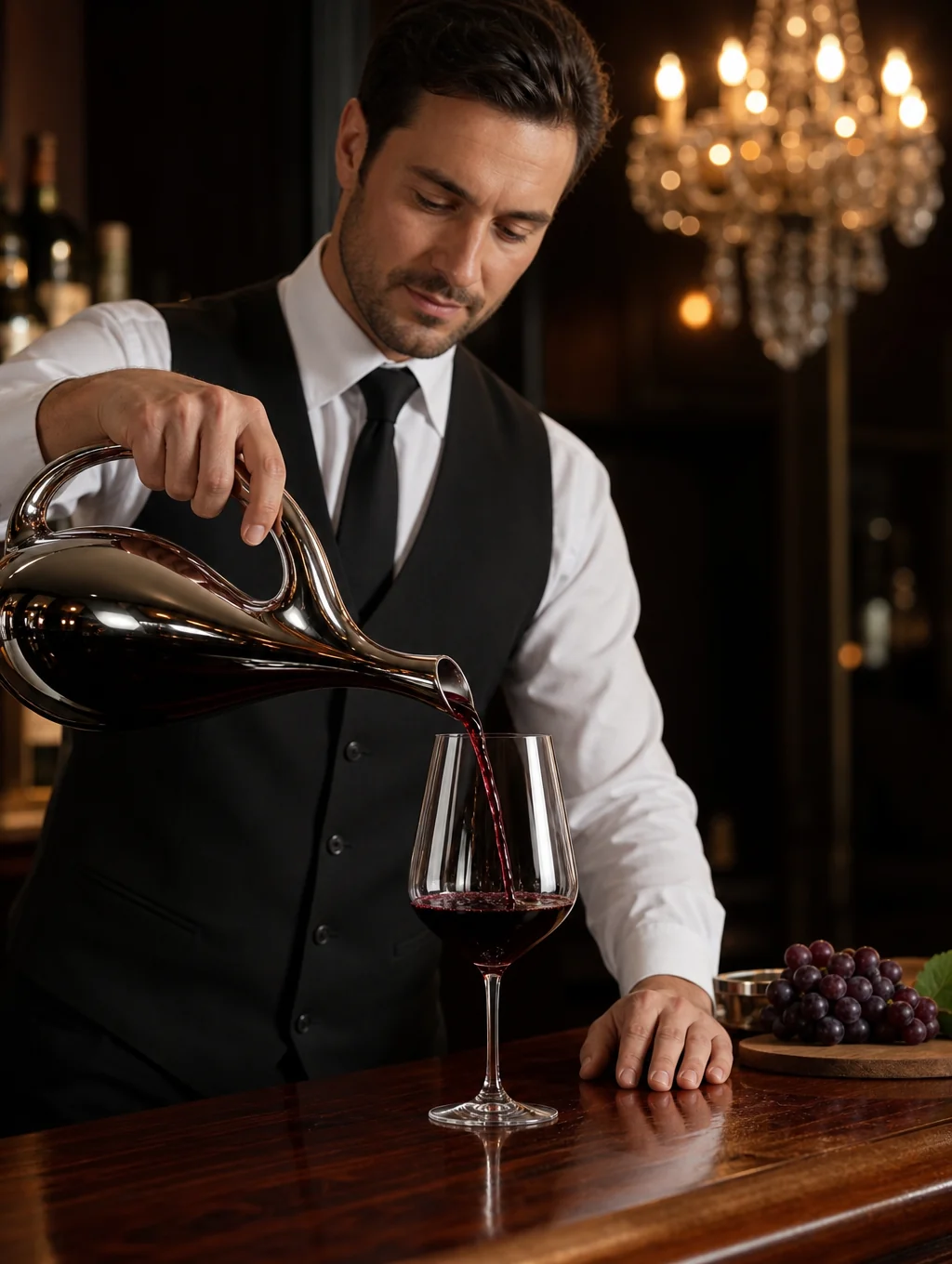 Professional sommelier pouring wine in a cozy, candlelit dining room