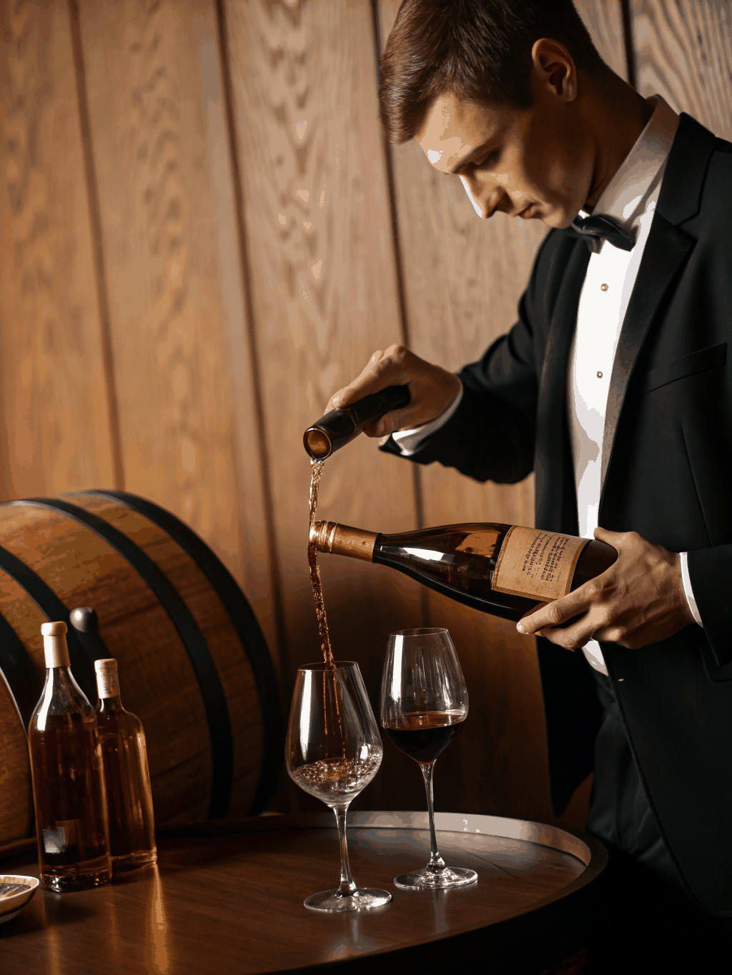Sommelier pairing a bold red wine with a signature pasta dish